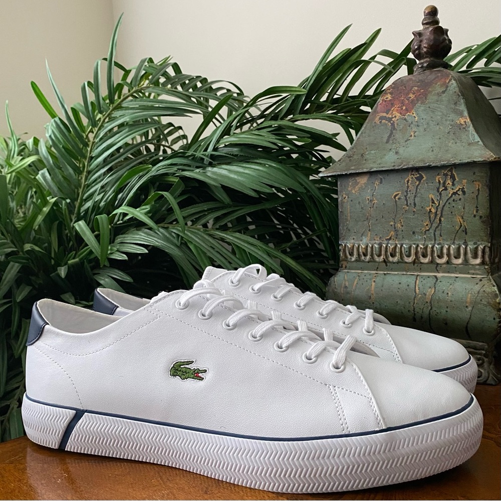 Lacoste White Leather Sneakers with Green Croc Accent